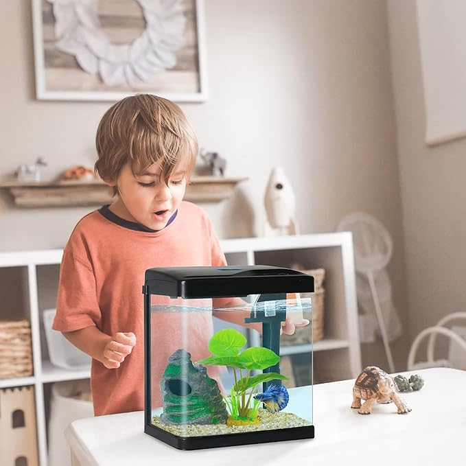 Betta Fish Tank Self Cleaning 2 Gallon Small Aquarium Starter Kits Desktop Room Decor w/LED Light Decorations & Whisper Filters Water Pump (260V2)