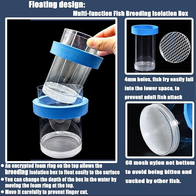 Breeder Box for Fish Tank, Plastic Aquarium Breeding Chamber, Floating Mesh Isolation Hatchery Incubator for Small Fish, Betta Shrimp Clownfish Guppy - Adjustable Nursery Tank Divider (Blue,Large)