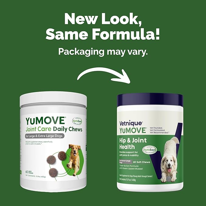 YuMOVE Hip & Joint Supplement for Dogs - Clinically Proven Glucosamine, Green Lipped Mussel , Hyaluronic Acid & Omega 3 Supports Mobility, Flexibility & Joint Comfort - 60 Chews (Large/XL Dogs)