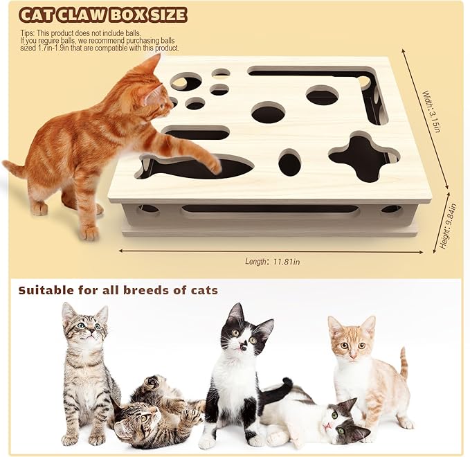 Cat Scratch Puzzle Enrichment Box, Solid Wood Construction Cat Nail File Enrichment Box with Sandpaper Inside, Cat Nail File Box Stress Free Alternative to Clippers and Grinders(No Bell Ball)