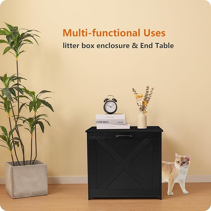 Dwanton Cat Litter Box Furniture Hidden, Cat Litter Box Enclosure, Reversible Entrance Can Be on Left or Right Side, Indoor Cabinet, Wooden Washroom, End Table, Nightstand, Black, 23.6" L