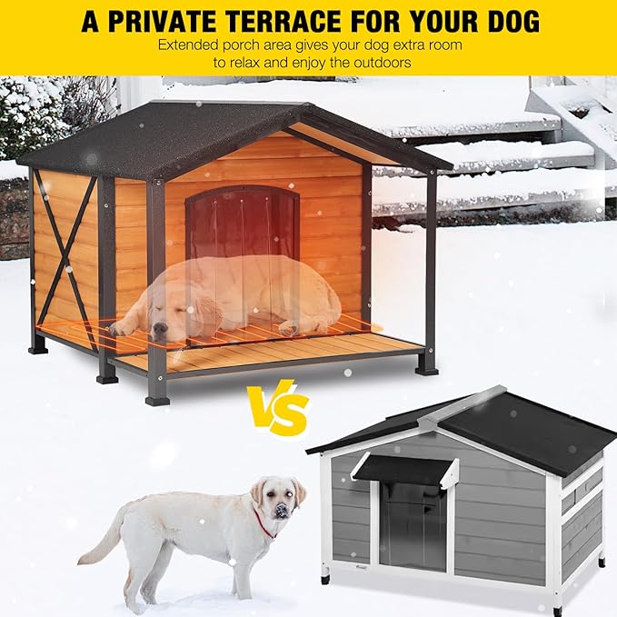 AIVITUVIN Heated Outdoor Dog House - Weatherproof Insulated Wooden Shelter with Iron Frame, Large Porch for Medium & Large Dogs, Indoor/Outdoor Kennel(XL)