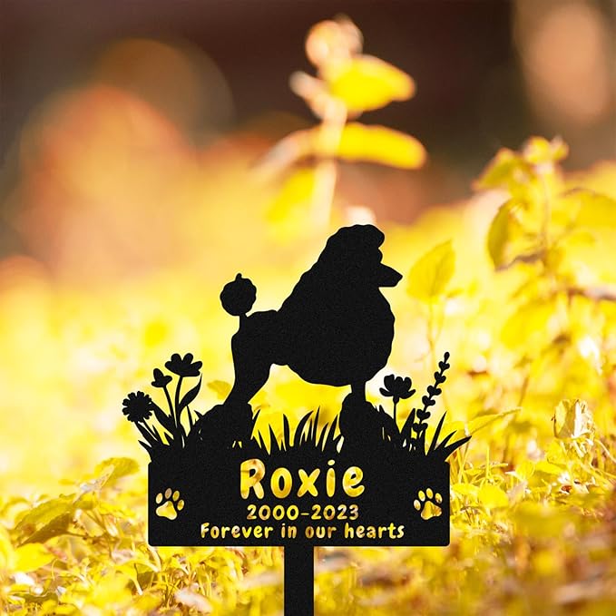 Personalized Flowers Poodle Dog Memorial Grave Marker for Cemetery, Custom Metal Flowers Dog Memorial Stake Grave Marker Poodle Memorial Gift Paws Sympathy Grave Stake for Garden Lawn Yard