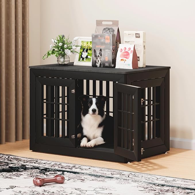 38" Heavy Duty Dog Crate Furniture for Small,Medium and Large Dogs,Rustic Wooden Dog Cage Kennel Indoor Furniture with Waterproof Top,Decorative Pet House Side End Table (Black)