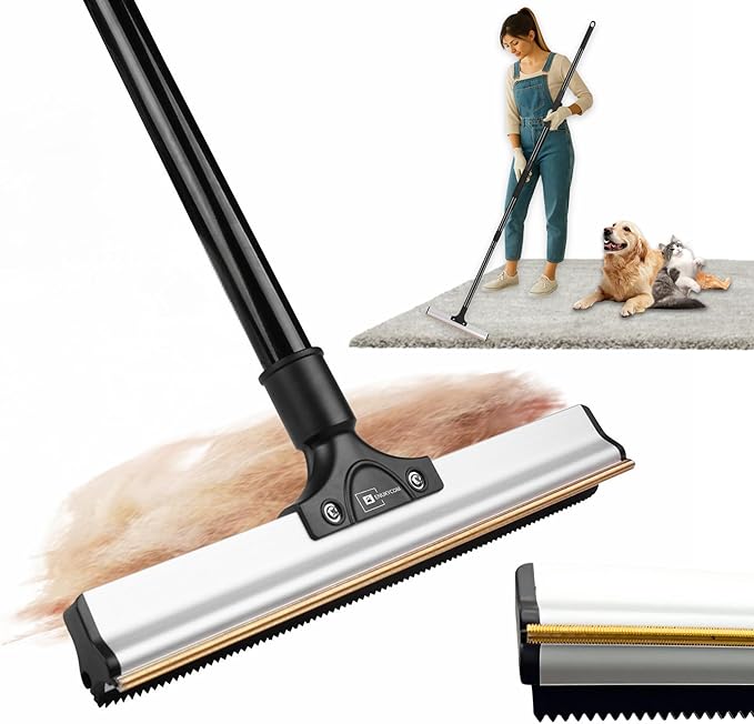 2025 Dual-Edge Carpet Rake for Pet Hair Removal & Fluffing Matted Carpet – 61" Adjustable Handle, Deep Clean Dog & Cat Hair Remover, Reusable Scraper for Rugs, Low Pile Carpet, Couch & Stairs