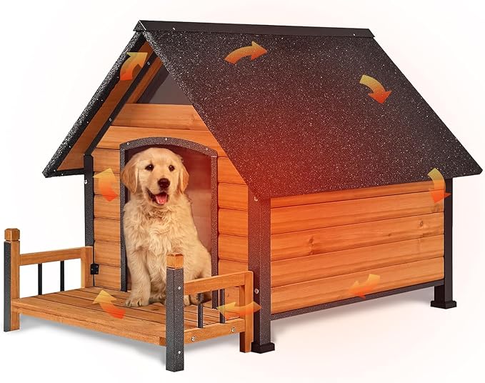 GUTINNEEN Large Insulated Dog House Outdoor Weatherproof Dog Kennel Dog Shelter with Chew-Proof Full Metal Frame, Openable Roof, Removable Inner Floor for Medium Dog Breeds, 45" D x 32.9" W x 32.6" H