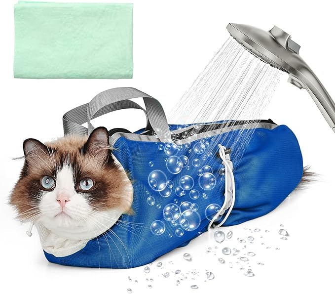 Cat Bathing Bag Anti Scratch Bite Breathable Mesh - Adjustable Cat Grooming Bag for Nail Trimming, Injections, Medication, Dental Care, Vet Visits, Cats Shower Bag with Zippers,Blue