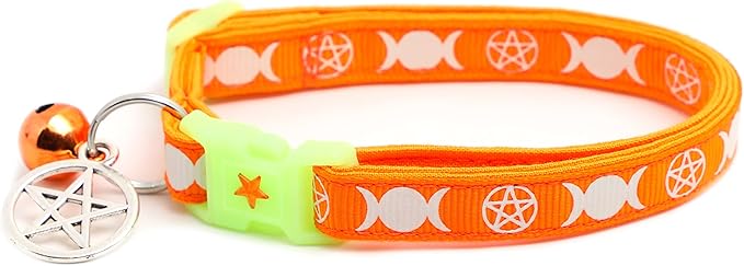 Wicca Cat Collar with Occult Charm & Bell | Witch’s Familiar Cat Collar | Witch Kitten Collar Charms | Glow in The Dark | Safety Breakaway Collar (Large(10lbs & Up), Orange)