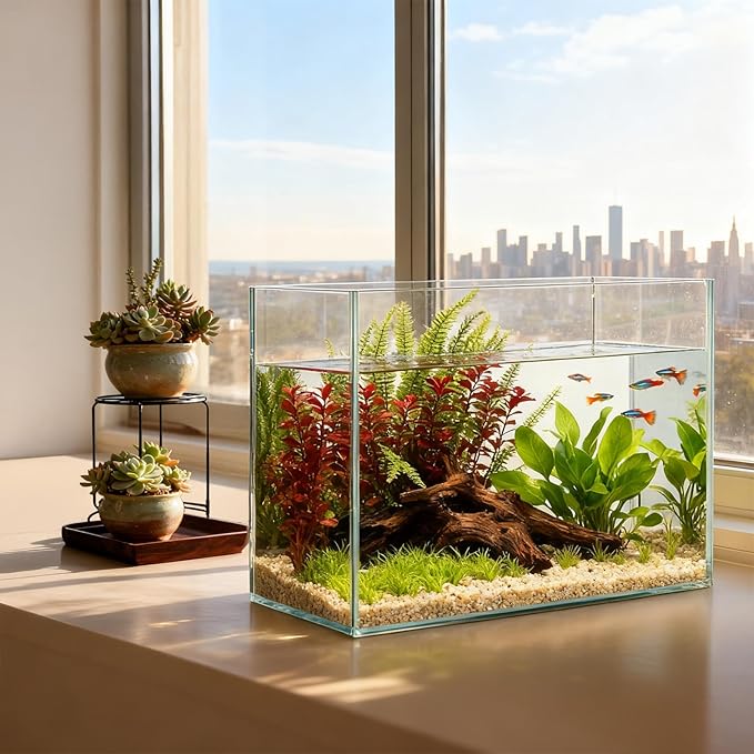 3 Gallon Glass Fish Tank, Small Betta Fish Aquarium, Ultra Clear Rectangular Glass Bowl for Shrimp, Mini Desktop Aquatic Planting Cube for Goldfish Snails, Easy to Clean