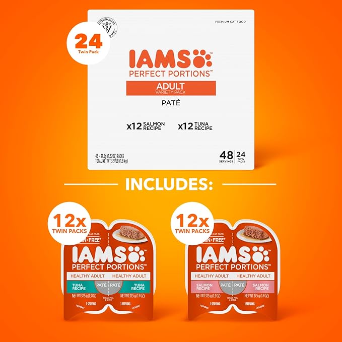 IAMS Perfect Portions Sensitive Digestion & Skin Wet Cat Food Pate, Healthy Adult Grain Free Pate, Salmon and Tuna Recipes, (24) 2.6 oz. Variety Twin-Pack Trays
