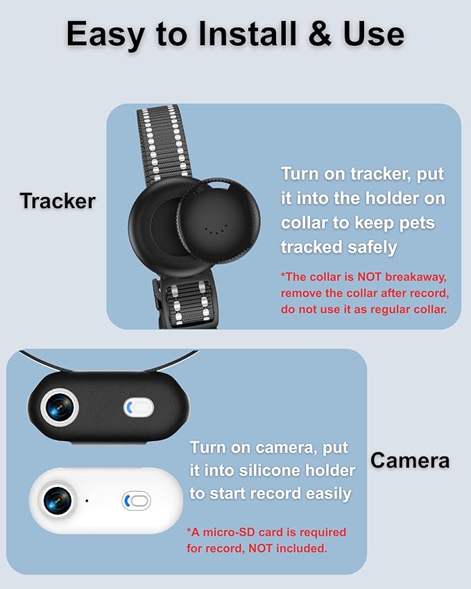 Cat & Dog Camera Collar with Phone APP, 1080P HD Video Recording Pet Camera Collar – Lightweight Pet POV Cam for Curious Cats & Adventurous Pups (XS-with Tracker)