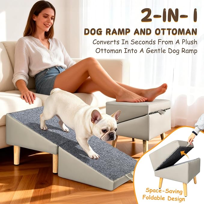Foldable Lightweight Dog Ramp for Small Dogs - Built-in Pet Stairs for Elderly Small Dogs & Injured Puppies, 13.1'H Pet Ramp for Couch & Low Bed, Multi-Use as Footstool