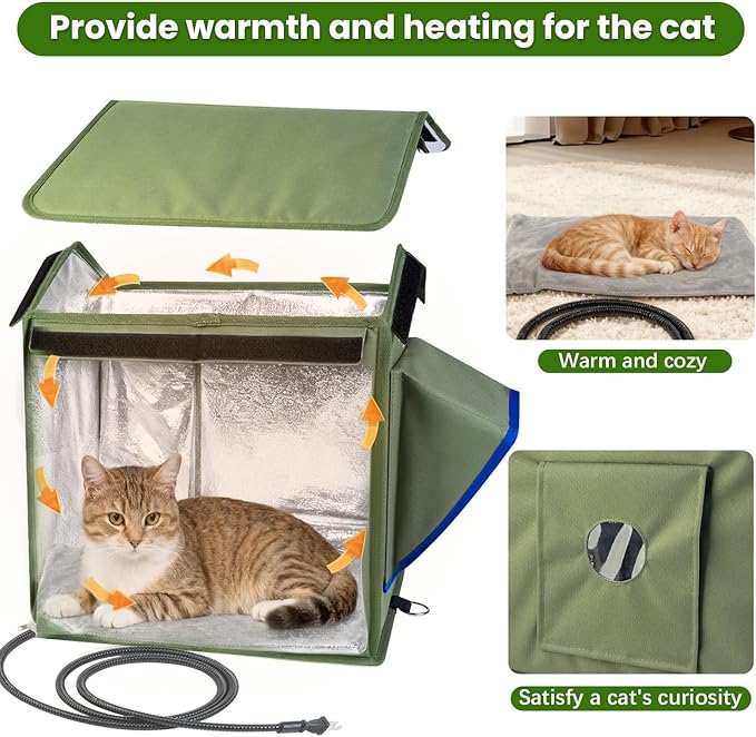 Outdoor Cat House Heated Cat House for Outside with Elevated Base Cat-Attracting Eave Design Feral Stray Shelter Weatherproof in Winter Garage Yard Porch