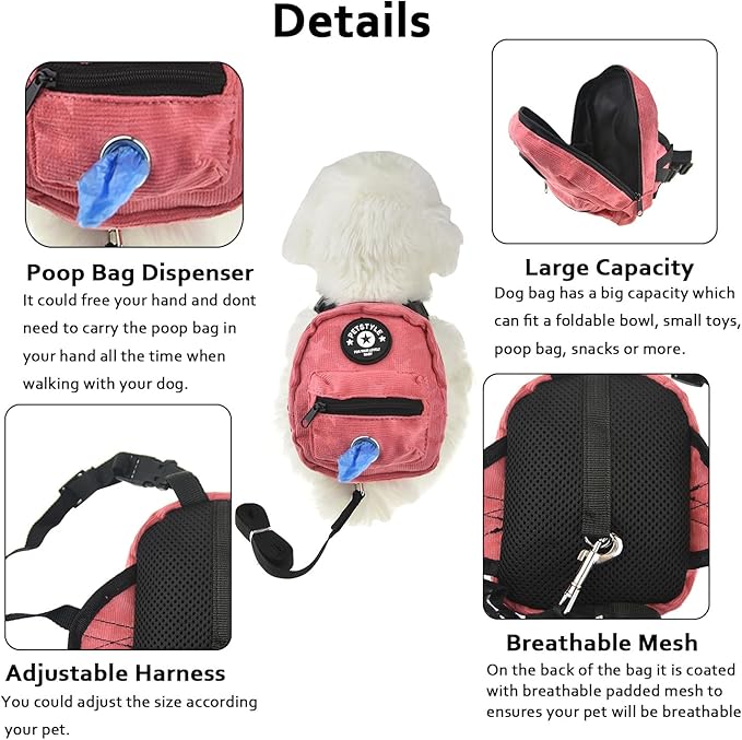 FLAdorepet Dog Backpack Harness with Leash, Dog Poop Bag Dispenser, Pet Self Carrier Adjustable Travel Hiking Walking Harness Backpack for Small Medium Dogs (L(Fit:10-15lb), Pink)