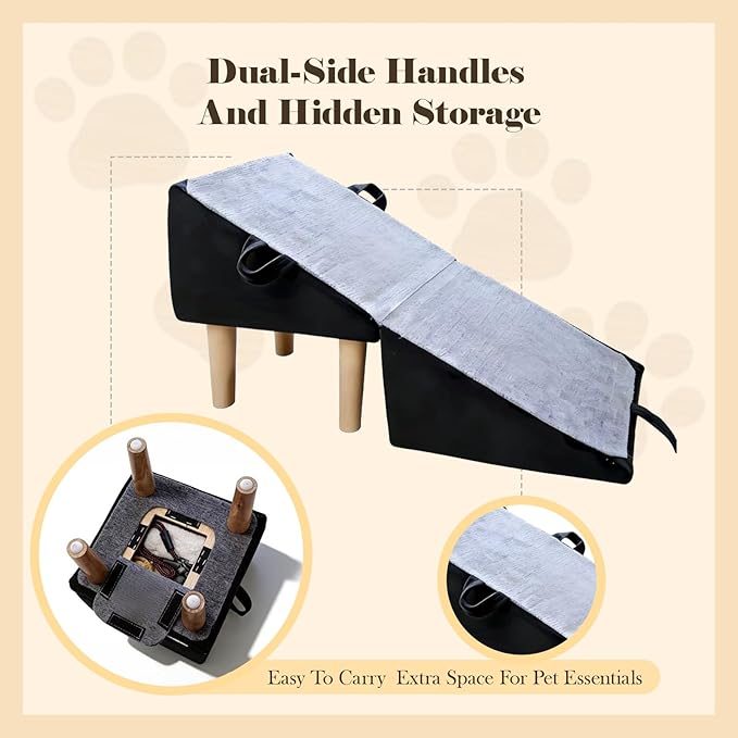 Split Ottoman Dog Ramp for Couch and Low Bed, 2-in-1 Foldable Dog Stairs for Small Dogs and Cats, Wooden Pet Ramp with Non-Slip Surface, Portable Step Stool Design, Black