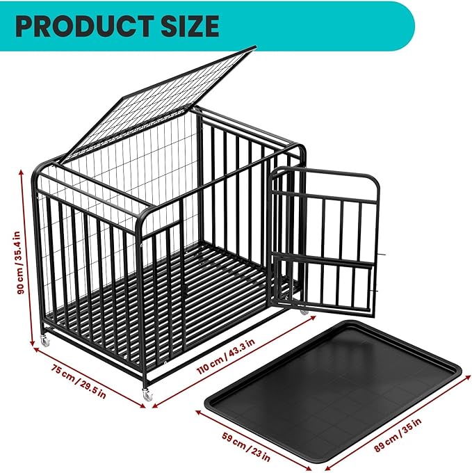 43.3×29.5×35.4 in Heavy Duty Dog Crate, Alloy Steel Material Dog Kennel, with 3 Doors 4 Lockable Wheels 1 Removable Trays, Dog Cage Kennel for Small to Medium Dogs (43 in)