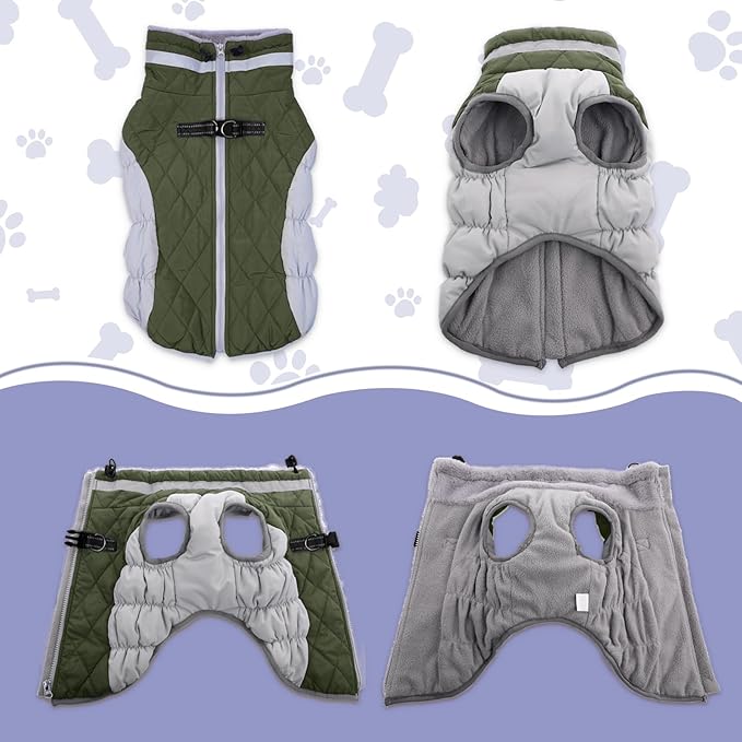 Lelepet Dog Coat Warm Dog Winter Coat Waterproof Dogs Jacket with Harness Built in Reflective Pet Fleece Vest Zip-Up Cold Weather Coats for Dogs Turtleneck & Windproof Coats Chihuahua Army Green XS