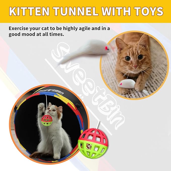 47" Long Cat Tunnels - 4 Way Cat Tunnel for Indoor Cats Play & Exploration - Collapsible Pop Up Tubes for Ferrets, Rabbits, and Small Dogs Fun, with Play Ball and Mouse Toy