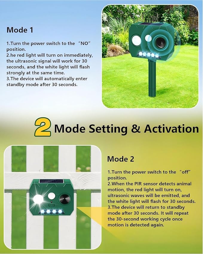 Solar Ultrasonic Animal Repellent Outdoor, 4 Pack Cat Repellent Outdoor Deer Repellent Devices with PIR Motion Sensor ＆ LED Flash, Waterproof Squirrel Repeller, Cat, Raccoons, Rabbits, Deer, Skunk