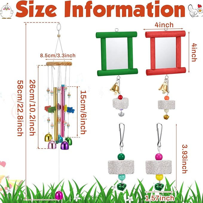 7 Pcs Chicken Toys, Hanging Chicken Wind Chime, 2 Pcs Coop Mirror Toys with Bells 4 Pack Beak Grinding Stones, Musical Coop Accessories for Hen Rooster Chick Poultry Bird(Rose Red, Green)
