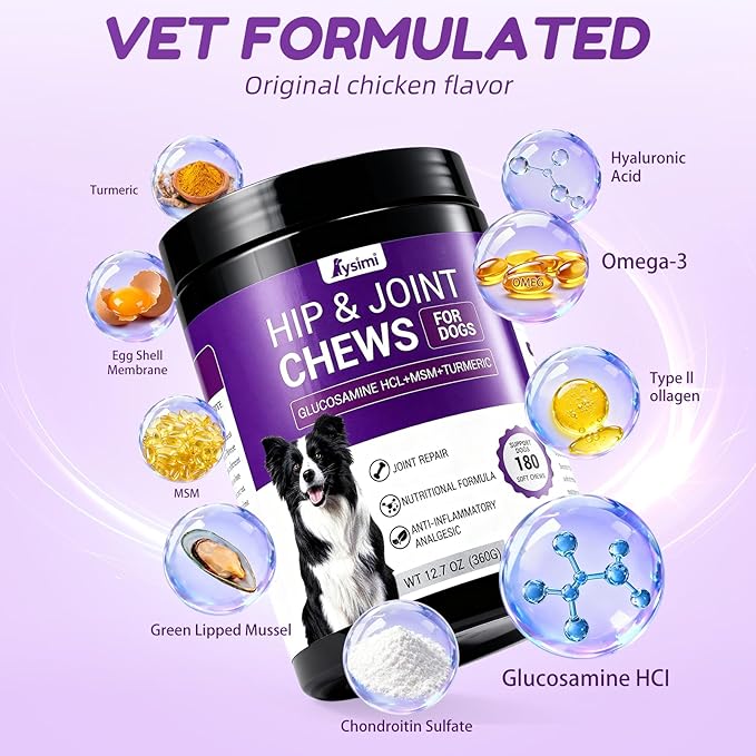 Hip and Joint Supplement Dogs, Glucosamine Chondroitin Joint Supplement for Dogs, Joint Chews for Dog Joint Pain Relief 180 Ct Chicken Flavored Fit All Breed
