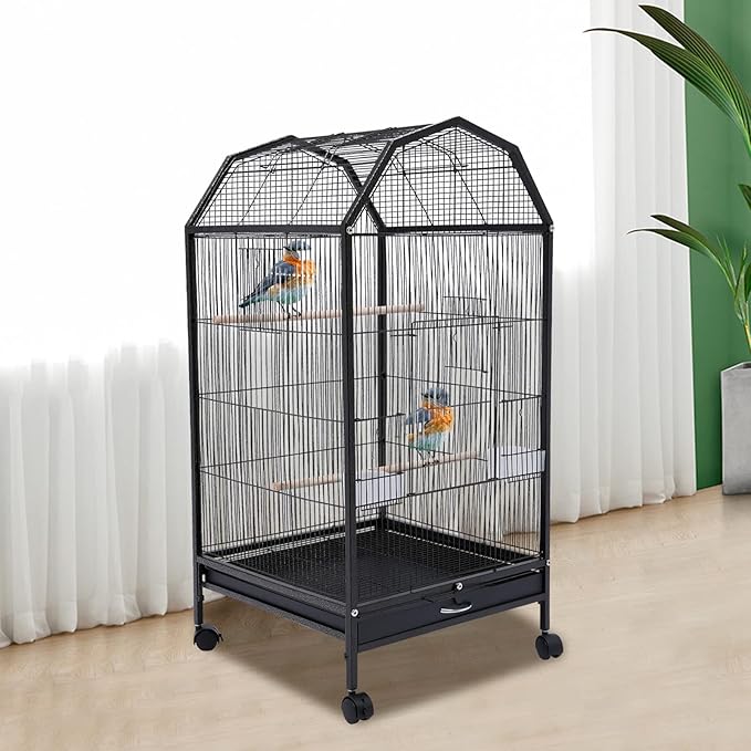 40 Inch Play Open Top Big Bird Cage with Food & Water Bowls Parakeet Bird Cage with Stand, Wheels Metal Birdcage Parrot Cage for Parakeet, Lovebirds, Ringneck, Cockatiels (Black, Open Top)