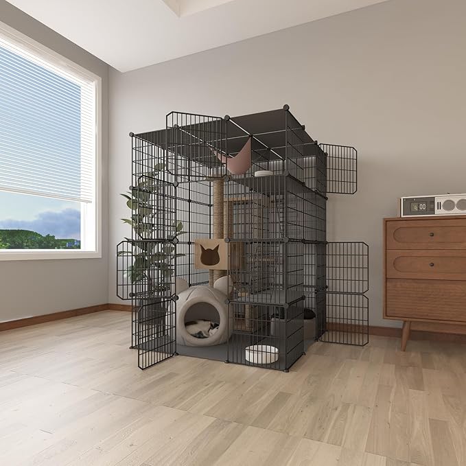 Large 4-Tier Cat Cage Indoor, DIY Cat Enclosures Detachable Metal Wire, Indoor Cat Crate Exercise Place Ideal for Kitty, Small Animals (Black, 41" L x 41" W x 55" H, 7)