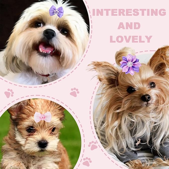 22 Pieces Cute Dog Hair Bows with Elastic Rubber Bands, Small Puppy Hair Accessories with Butterfly Flower Pearls Double Bow Elegant style for Pets Dogs Cats Hair Grooming (Purple and Pink)