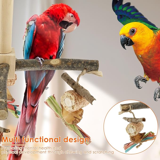 Agape Rotating Parrot Perch Toy with Chew Toy - Natural Wooden Perch Stand, 360° Rotatable Parrot Exercise Standing Perch, Bird Cage Accessories for Small and Medium Sized Birds (String Bite Style)