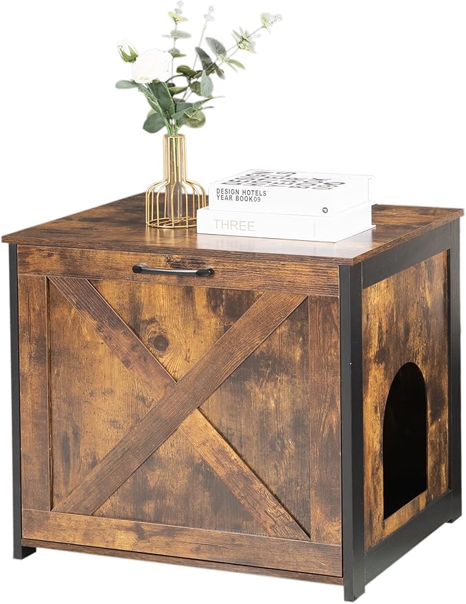 Dwanton Cat Litter Box Furniture Hidden, Cat Litter Box Enclosure, Reversible Entrance Can Be on Left or Right Side, Indoor Cabinet, Wooden Washroom, End Table, Nightstand, Rustic Brown, 23.6" L