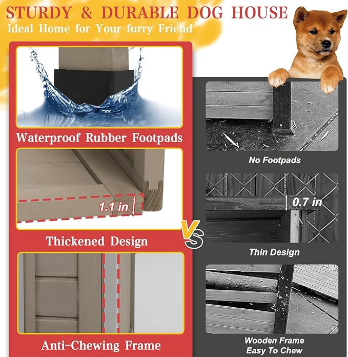 43" L Outdoor Extra Large Dog House with Removable Floor, Raised Feet, Anti-Chewing Iron Frame – Wooden Kennel with Asphalt Roof, Window for Indoor/Outdoor Use, Ideal for Medium to Large Dogs