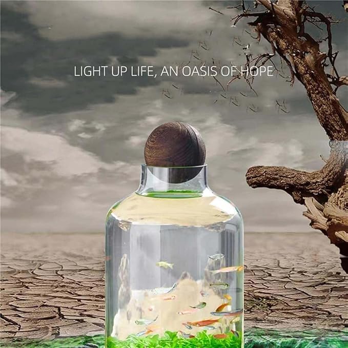 Ecological Aquarium Glass Fish Tank with Wooden Base Micro Landscape Self-circulating Hydroponic Plant Bottle Fish Bowl/Vase(L, B)