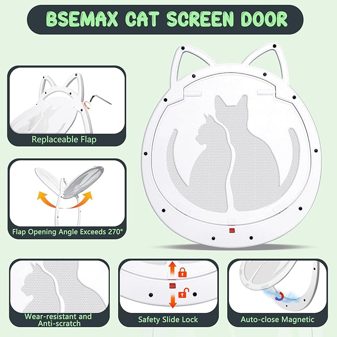 Cat Door for Screen Door, Cat Doors with Lockable Magnetic Flap, Inside Openning 10x10x0.5 inch, Pet Screen Doors Built-in for Puppy, Cats Up to 20 lbs, Equipped with Installation Tools, White
