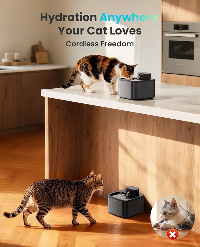 oneisall Wireless Cat Water Fountain: 74oz/2.2L Cordless Pet Water Fountains, 4000mAh Battery Operated Ultra-Quiet Integrated SilentFlow™ Pump for Cats Indoor, Automatic Cat Water Dispenser, BPA-Free