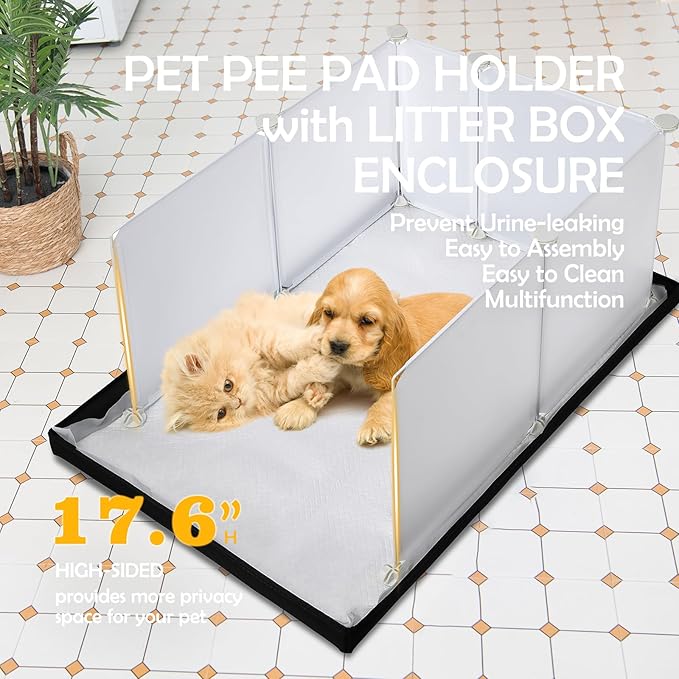 MEEXPAWS Dog Pee Pad Holder Large with Dog Litter Box Enclosure Splash Guard, Foldable Liner Base 33'' x 23'', Indoor Potty, DIY Cat Litter Box Enclosure, Litter Box with High Walls