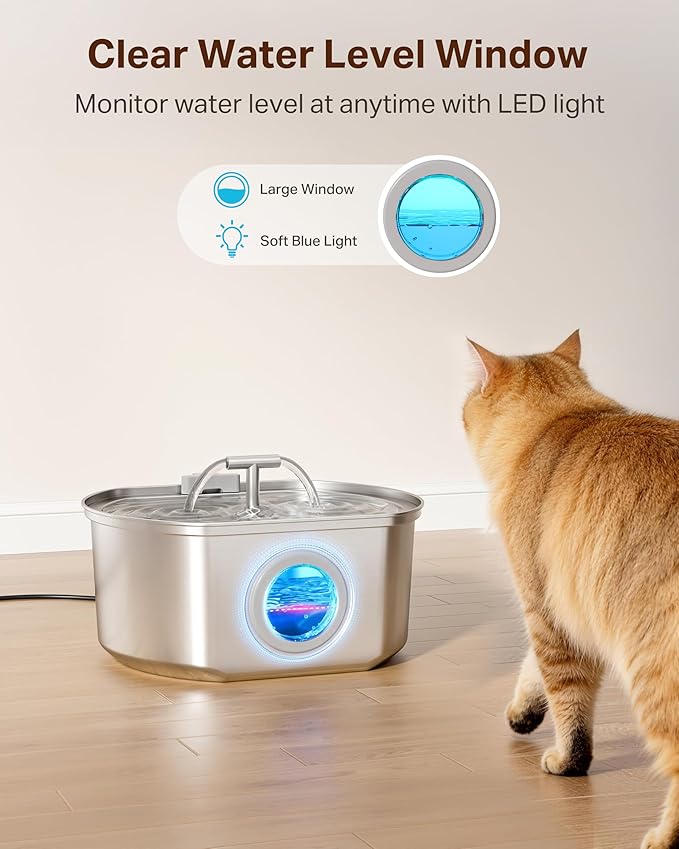 Cat Water Fountain Stainless Steel - Pet Drinking Fountain for Cats Indoor - 3.2L/108oz Automatic Water Dispenser with Watering Level Window (4 Filter)