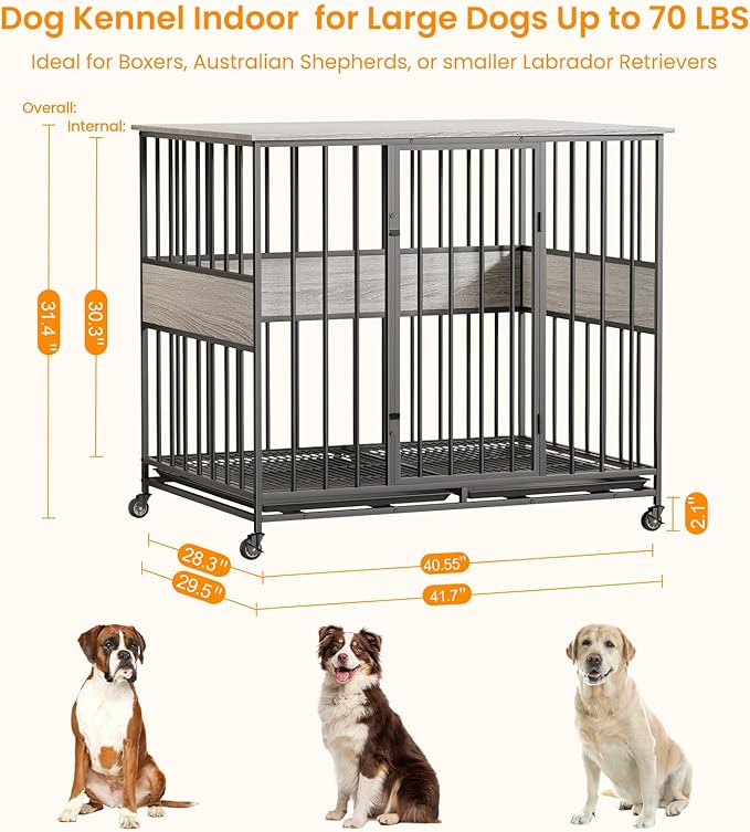 Dog Crate Furniture for Large Dogs, 42 Inch Indoor Large Kennel, Wooden Pet Cage Decorative Corner End Table with Caster Wheels & Double Removable Tray, Greige