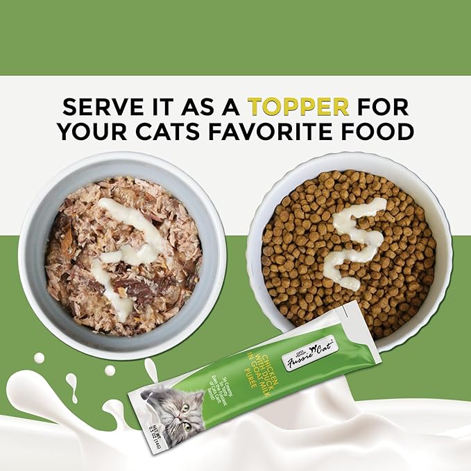 Fussie Cat Super Premium Chicken with Duck in Goat Milk Puree, lickable cat Treats, 0.5oz Pouch Pack of 4