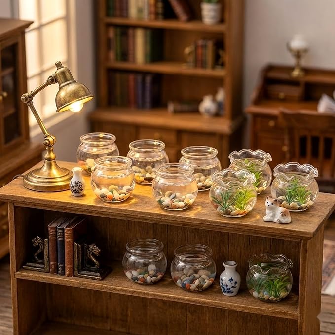 LOGOFUN 12 Pcs Miniature Fish Bowls Simulated Mini Fish Tank Miniature Glass Goldfish Bowl for Mini House Desktop Office Desk Accessories 2.50x2.50x2.00cm/0.98x0.98x0.79in