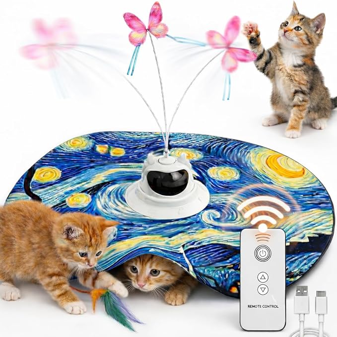 Interactive Automatic Rechargeable Cat Toy – Touch Sensor – Fluttering Butterfly, Feather Wand & Hide and Seek – 360° Random Rotation – Starry Night Design with Remote Control
