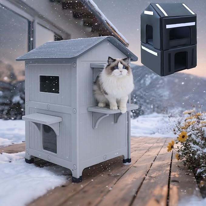 Weatherproof Outdoor Cat House with Insulated Liner for Feral Multi Cats, 2 Storey Insulated Elevated Cat Shelter with Escape Door, Easy Assemble, Expansive Interior‌, Grey 34" D x 21" W x 21.5" H