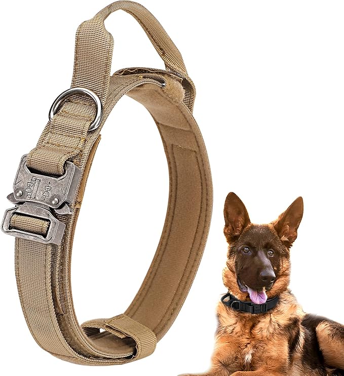 Dog Tactical Collar Military Dog Training Collar Control Handle and Heavy Metal Buckle for Medimum Large Dog Training Behavior Aids Brown L
