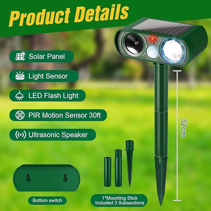 Ultrasonic Cat Deterrent, Motion Detection Solar Cat Deterrent Outdoor with LED Flash Light Waterproof, Suitable for Yard Farms with Cats and Dogs