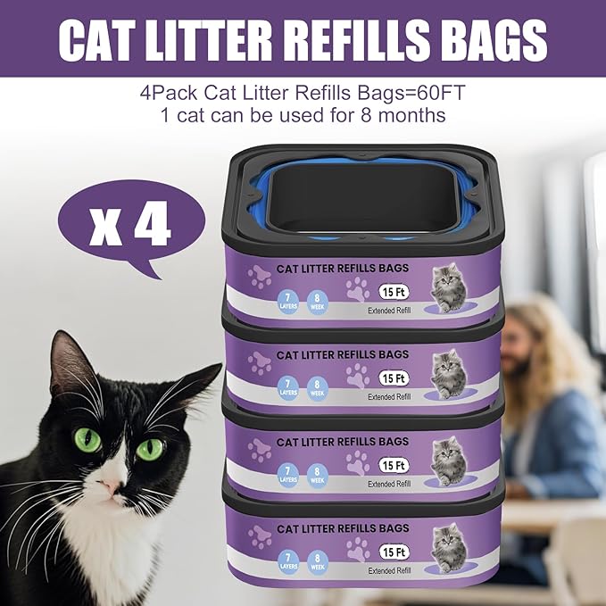 Litter Refill Bags Cartridges Compatible with Litter Genie – Extra Thick Leak-Proof Cat Waste Liners, Strong Odor Control, Tear-Resistant Easy Replace Refills，4 Pack