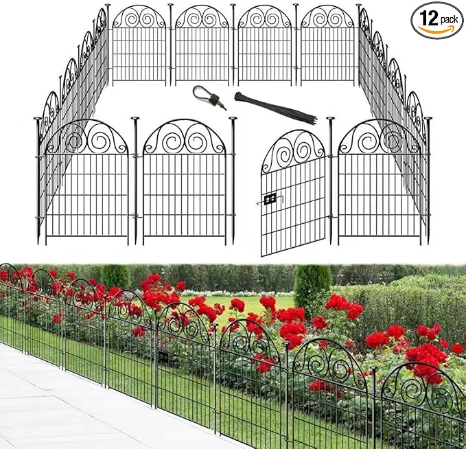 Tall Garden Fence Animal Barrier with Gate, 40 in(H) 12 Panels Garden Fences and Borders for Dogs, Dog Fence Outdoor for Yard, Total Length 26.2 Ft Metal Temporary Fencing│Patented