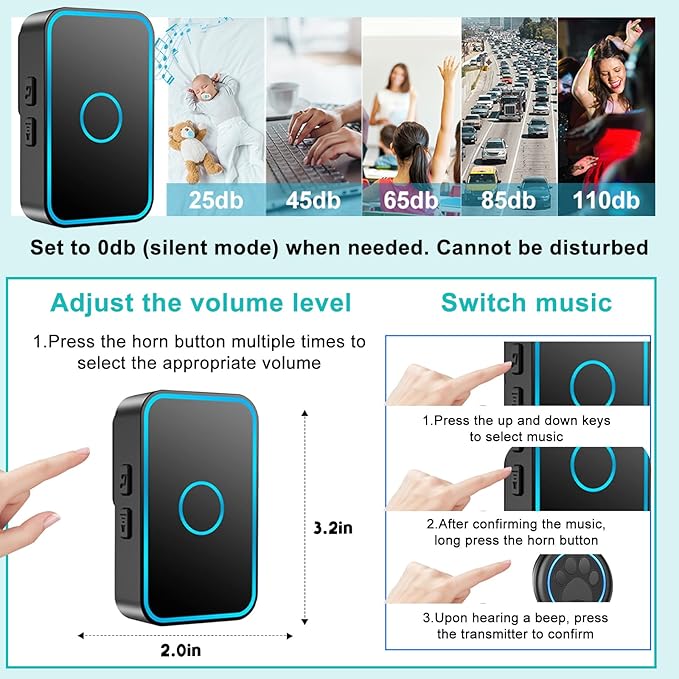 Dog Door Bell for Potty Training, Smart Wireless Doggie Doorbell to Go Outside, 1000 Feet Long Range with IP65 Waterproof Super-Light Touch Button, 60 Melodies & Adjustable Volume (2 Button)