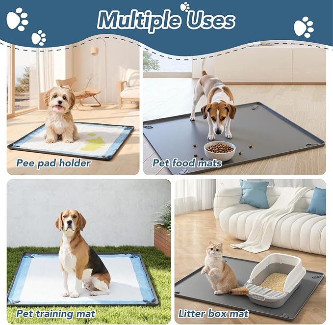 Pee Pad Holder for Dogs, 24" x 24" Non-Slip Silicone Puppy Pee Tray Mat with 4 Magnetic Clips, Reusable, No Spill Raised Lip High Edge, Leak-Proof Puppy Toilet Training Pad for Indoor Floor Protection