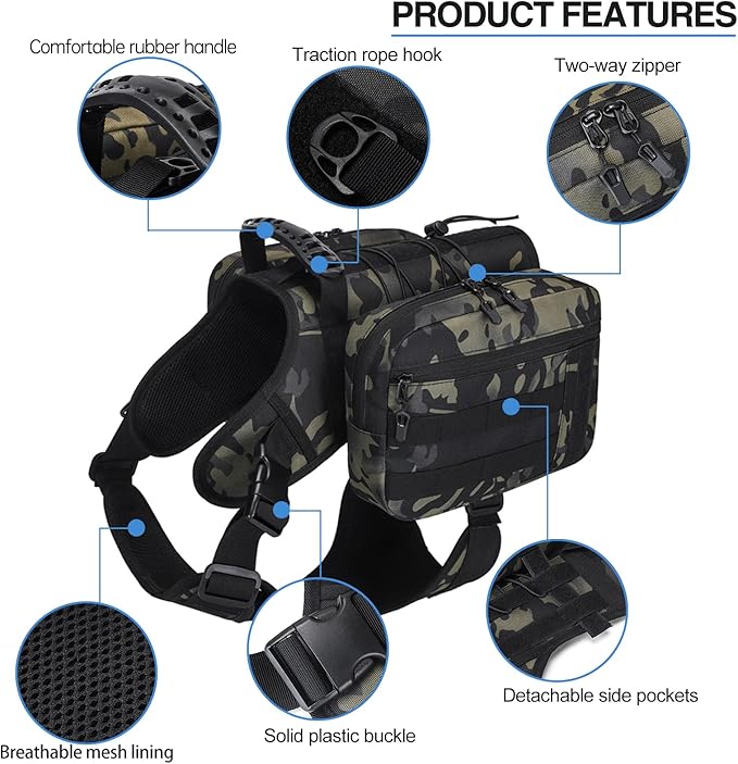 BYGD Outdoors Dog Hiking Backpacks, Hiking Backpack for Large Dogs with Side Pockets, Adjustable Strap, Large Capacity 2 Spacious Side Bags, Breathable Waterproof Fabric (Camo)