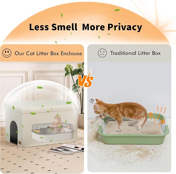 3-in-1 Cat Litter Box Enclosure for Odor Control, Hidden Litter Box Furniture Cabinet Ottoman with Flip-Up Lid, Multi-Functional Bench with Storage Footrest, Dog Proof (Cream, X-Large)
