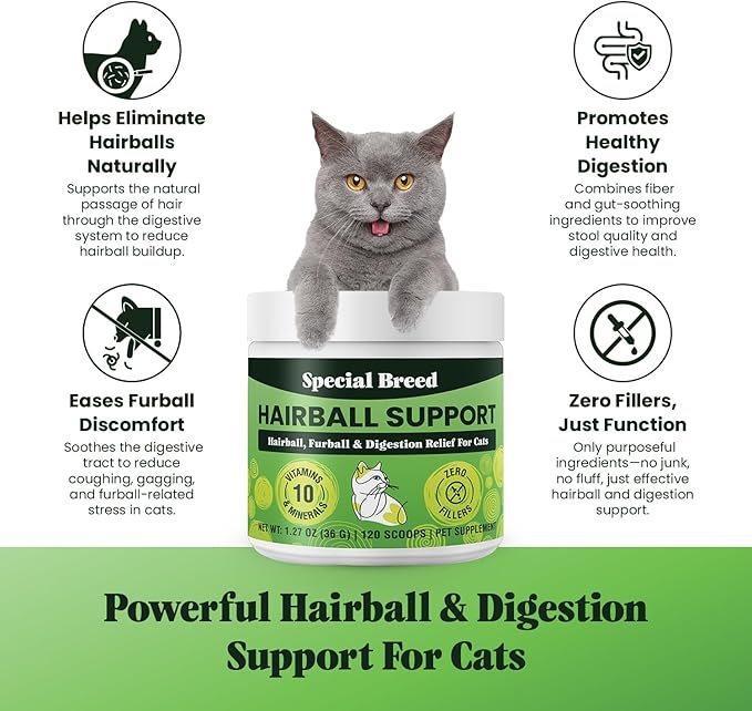 Special Breed Hairball Support for Cats - 10 Super Ingredients for Hairball Relief, Digestive Support & Healthy Skin - No Fillers - Psyllium, Pumpkin, Omega-3s & More - 120 Scoops